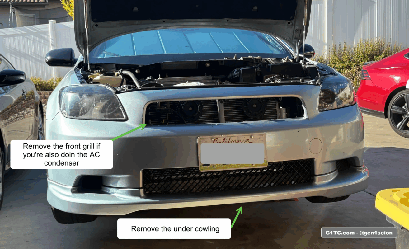 AC condenser replacement lift car and remove front grills