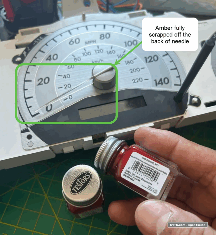 attempting to paint the needles red with Testors brake light enamel