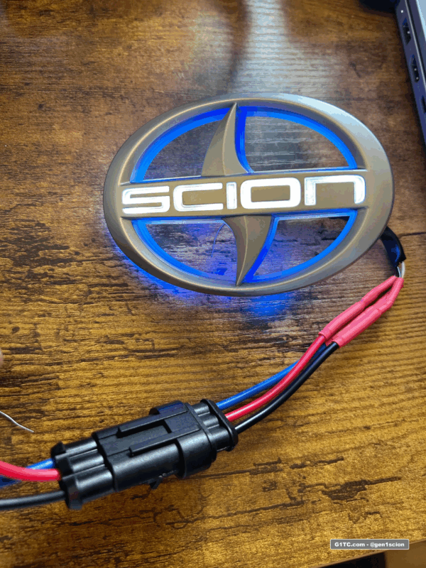 bench testing the OEM 10th anniversary Scion illuminated badge emblem