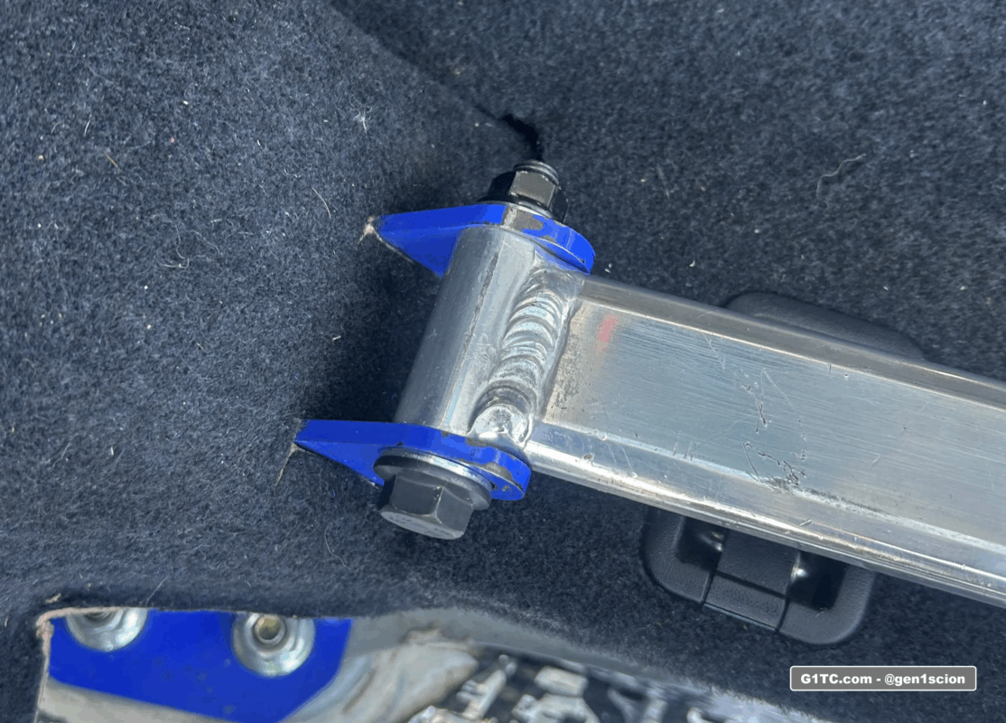 Greddy rear strut tower bar install carpet cut