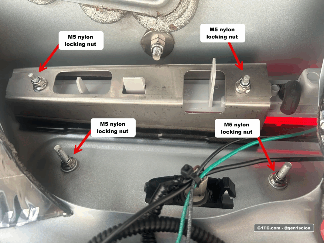 M5 nylon locking nuts on 3rd brake light mounting to prevent loosening from vibration