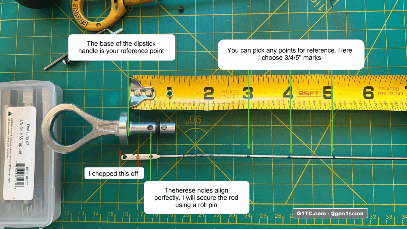 Measuring the OEM dipstick handle to reference the new custom billet dipstick installation