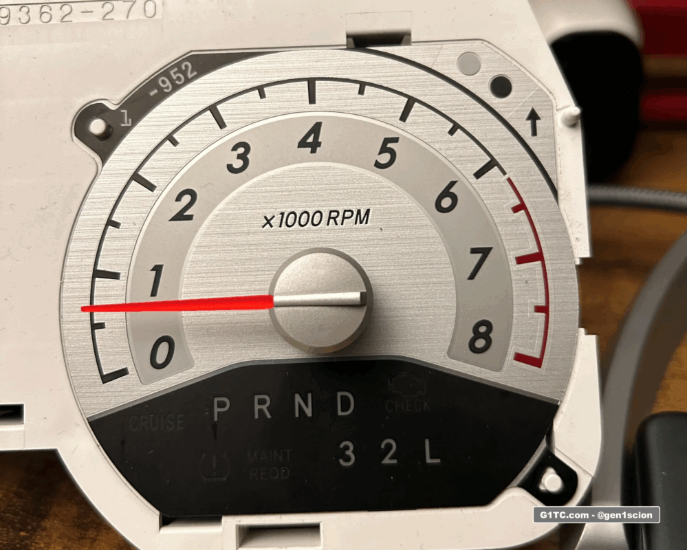 OEM style red needle installed on tachometer 1st gen scion tc