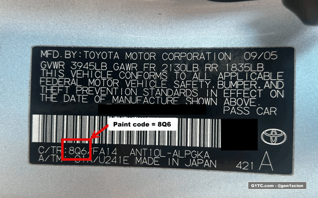 paint code location on door jam Scion tC