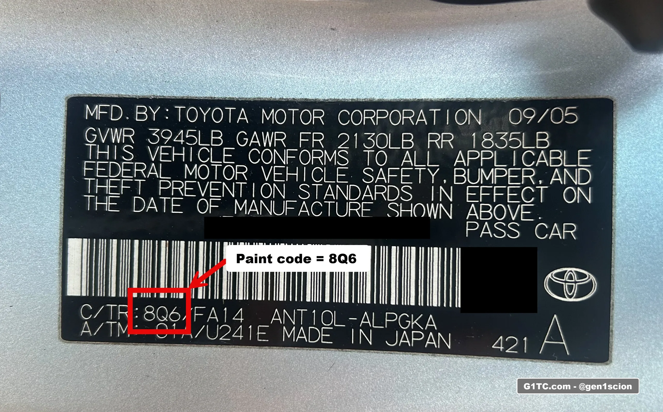 paint code location on door jam Scion tC