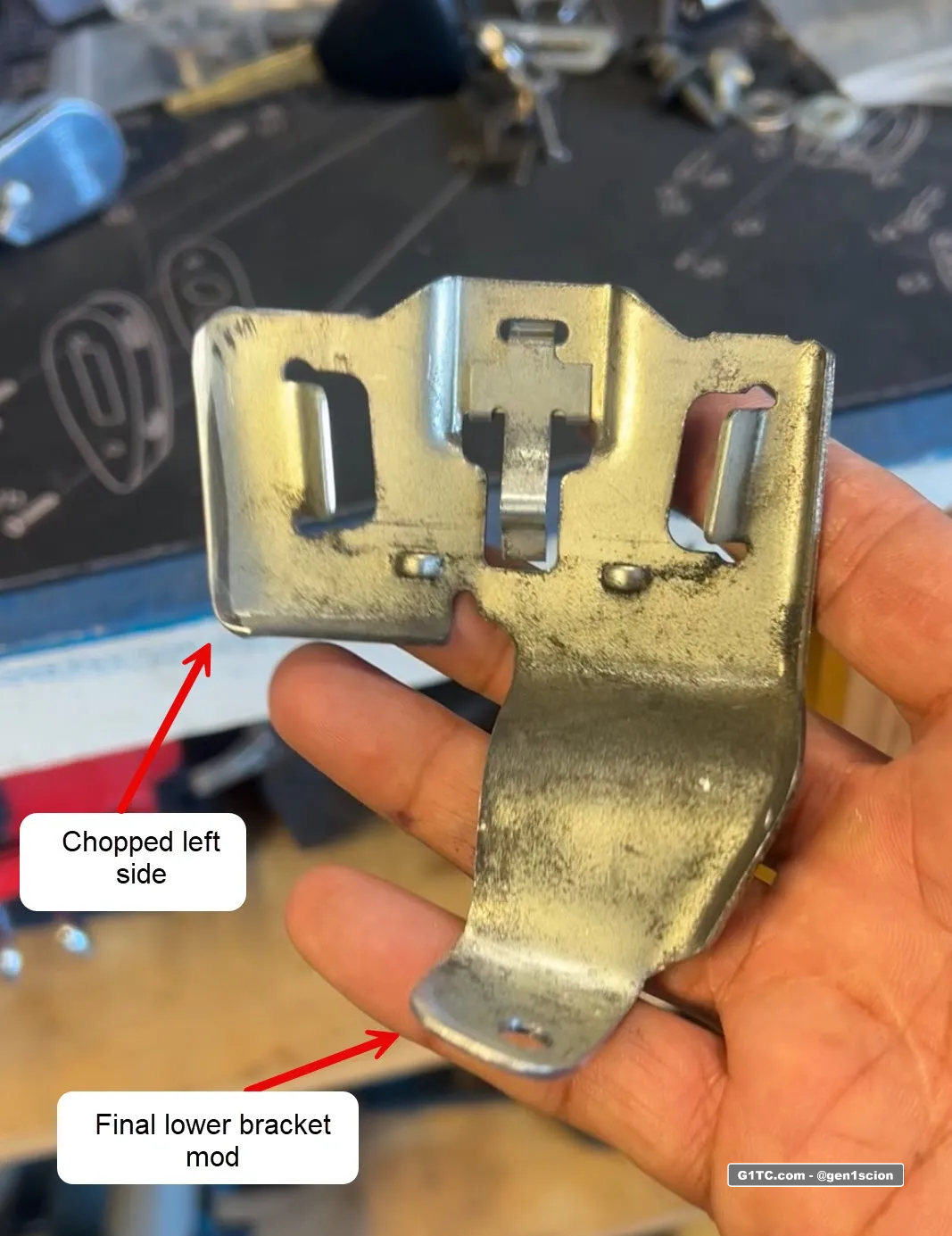power steering reservoir bracket modification to make hood strut clearance