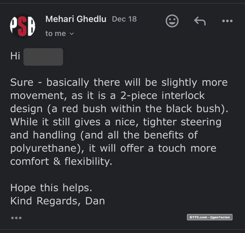 PSB updated revised 2-piece interlock design for lower control arm bushings