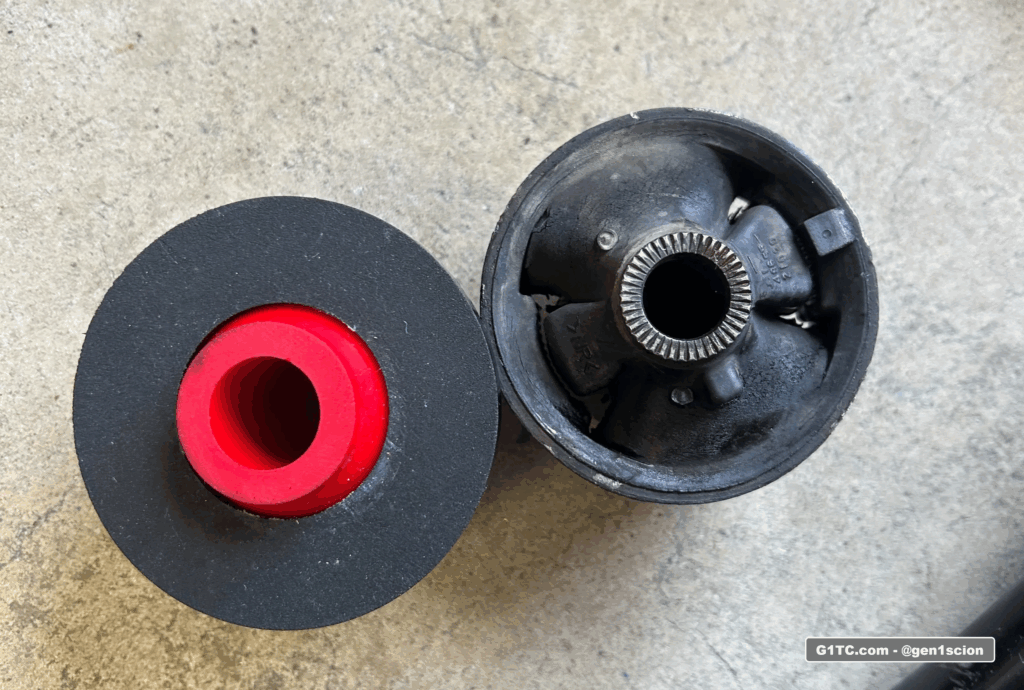 PSBushing and OEM front control arm bushing compared - Scion tC