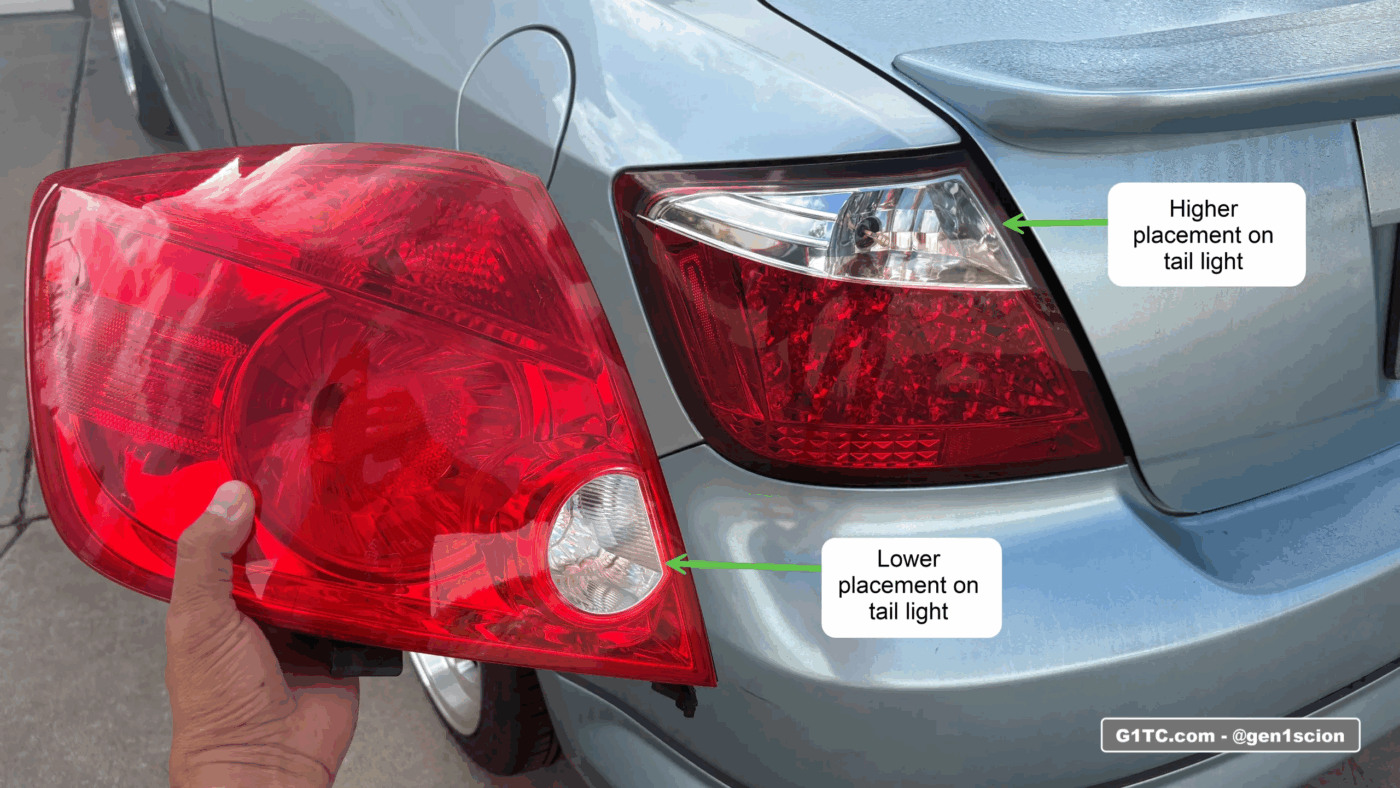 reverse light bulb orientation higher on spec d taillight compared to oem location