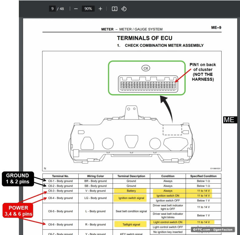 Scion tC gauge cluster power and ground