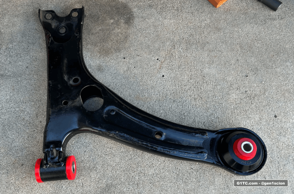 Scion tC PSB front lower control arm polyurethane bushings installed