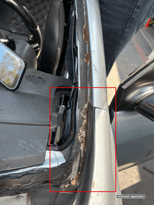 Scion tC windshield repair rust in drivers side rain gutter