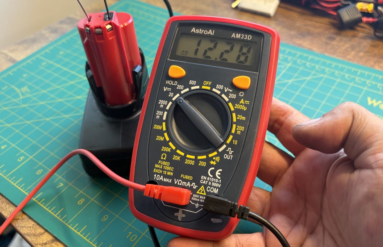 12v bench testing setup Astro multimeter and M12 battery