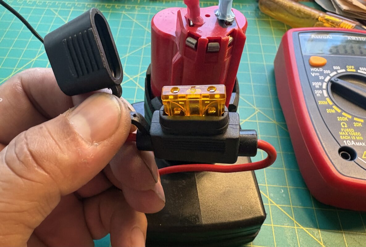 bench testing setup M12 battery with 5amp inline fuse