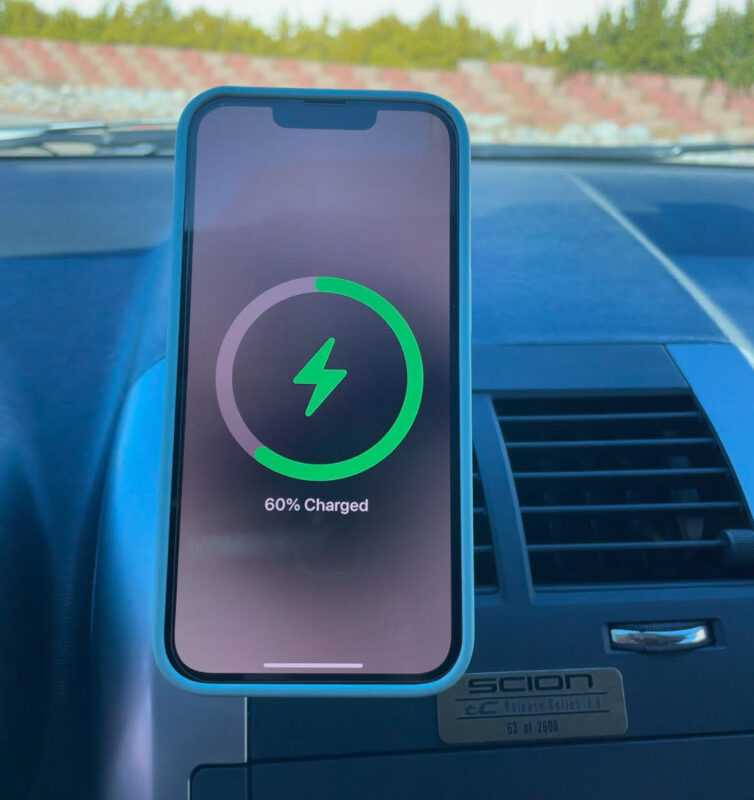 clean magnetic vent mounted cel phone charger setup