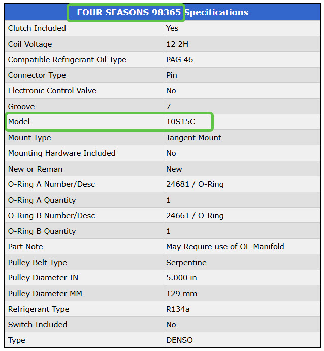 four seasons 98365 ac compressor specifications
