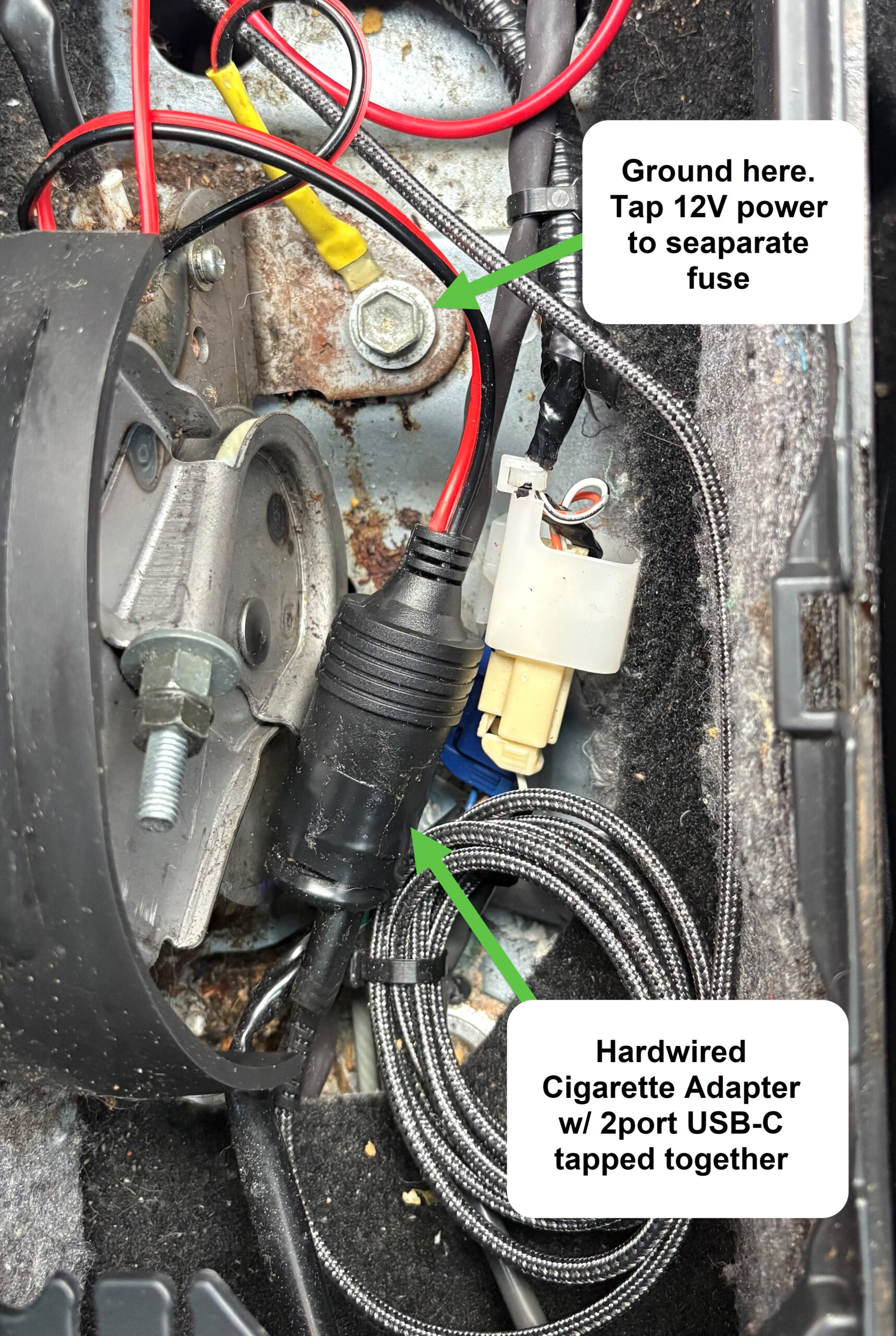 hardwired cigarette lighter socket and ground wire location