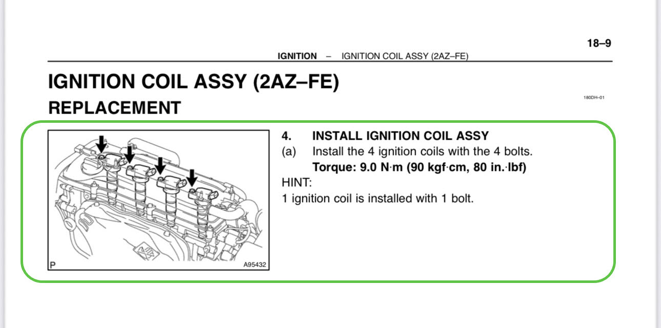 ignition coil bolt torque value 2005-2010 scion tC 80in lb