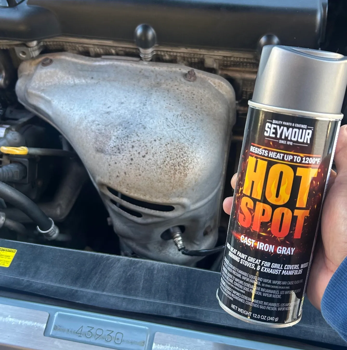 seymour-hot-spot-high-temp-paint-cast-iron-gray-for-exhaust-manifold-shield-before