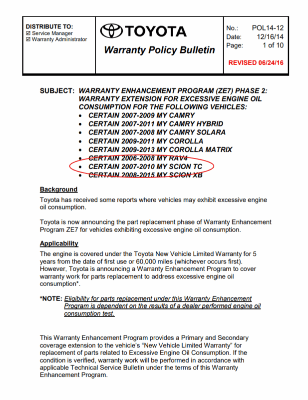 Toyota Scion Oil consumption Technical service bulletin TSB